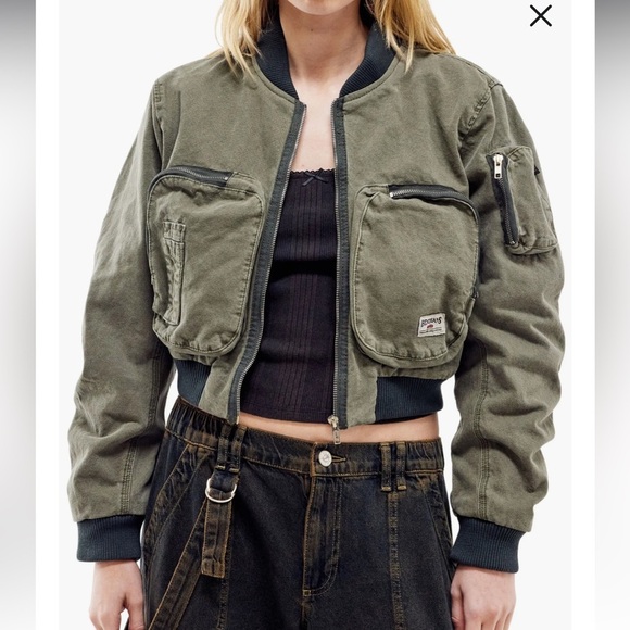 BDG Urban Outfitters Zip Pocket Canvas Bomber Jacket in Khaki. Size XS - Picture 1 of 6